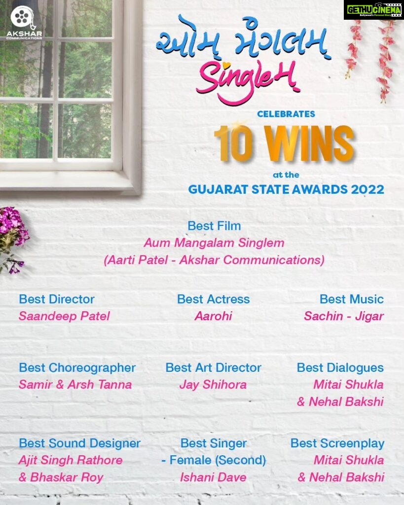 Aarohi Patel Instagram - Max awards of 2022 = Max joy and gratitude ❤️ Congratulations to the entire team of 'Aum Mangalam Singlem' and to all the other winners of #GujaratStateAwards 🤍