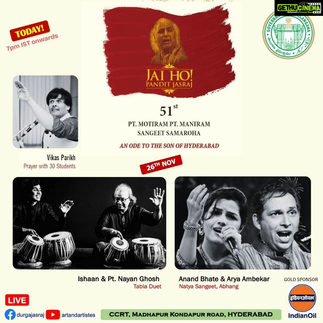 Aarya Ambekar Instagram - Day 3 of the 51st edition of ‘JAI HO Pandit Jasraj - Pt Motiram Pt Maniram Sangeet Samaroha’, shall witness a melodious Musical Prayer led by Vikas Parikh and 30 of his talented students from Ahmedabad. Hyderabad will then echo with the beats of a timeless tradition – presenting an exceptional Tabla duet by the masterful Pandit Nayan Ghosh and his son, the prodigious Ishaan Ghosh. They will be accompanied by Vanraj Shastri on Sarangi. This will be followed by soulful strains of Natya Sangeet filling the air… Anand Bhate, revered as Anand Gandharva, joins the sensational Arya Ambekar for a divine duet along with accomplished Co-Artistes Amit Padhye on Harmonium, Vinayak Joshi on Tabla, and Suryakant Surve on percussion. 📅 Date: Sunday, November 26, 2023 - 7pm onwards Venue: CCRT, Madhapur Kondapur Road, HITEC City Hyderabad https://bit.ly/clicktoreachthevenue #PanditJasraj #Hyderabad #Telangana #DurgaJasraj #jaiho #Festival #indiantraditionalmusic #PanditMotiramPanditManiram #hindustaniclassicalmusic #Culture #Heritage #History #Legacy #tradition