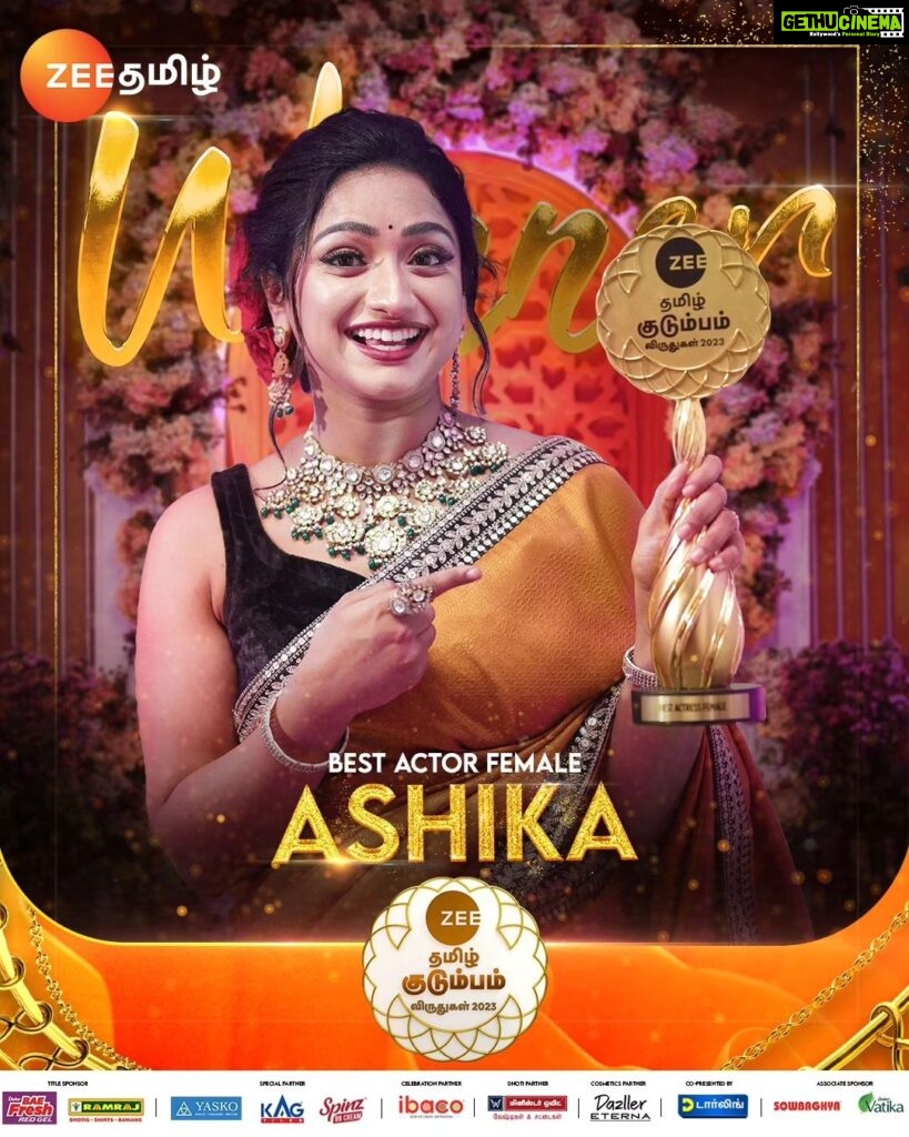 Aashika Padukone Instagram - Best Actor Female...!!! @ashikapadukone_official Zee Tamil குடும்ப விருதுகள் 2023. #ZeeTamilKudumbaVirudhugal2023 #ZTKV #ZTKV2023 #ZeeTamil