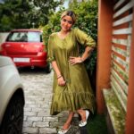 Abhirami Suresh Instagram - Keep it simple! 🫶🏻 Olive Green Dress by @loom.root Jewellery by @antra.collectionz And all of it from @anitha_allonawall @allonawallkochi 🫶🏻🤍