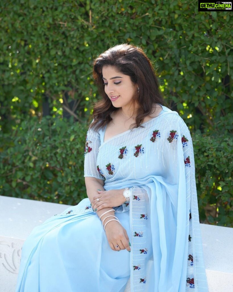 Aima Rosmy Sebastian Instagram - AAMBAL Draped in the enchanting allure of a Water Lily, this exquisite saree, skillfully crafted by @tazzels3 💙 Clicks by @vineethphotos 📸 Muweillah Comercial, Sharjah UAE