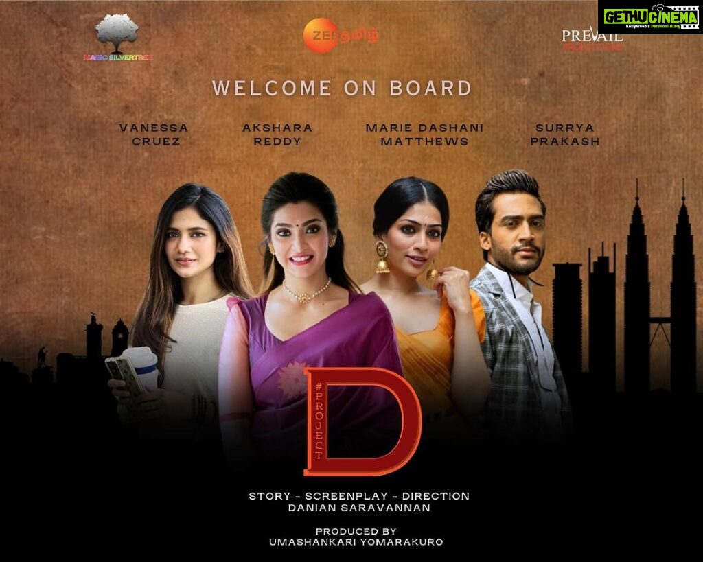 Akshara Reddy Instagram - Welcome on board #AksharaReddy, #VanessaCruez, #mariedashani & #surryaprakashh ! A first ever International project between India, Malaysia and Singapore. Proudly brought to you by Zee Tamil with Magic SilverTree & Prevail Productions Sdn Bhd. Get ready to be intrigued and witness something that has never been done before. Story - Screenplay - Direction: Danian Saravannan Produced by: Umashankari Yomarakuro Co-Produced by: Yuggesh Kumar & Luiz Kuna Music: Zenem Cinematography: Jithesh CG Script - Dialogues: Stacy Tanya Shamini Editor - Colorist: Balachandran R Technical head: R.Saran Follow us as we announce more casts and exciting updates! #prjD #Tharshan #TharshanThiyagarajah #Suriavelan #MoonNila #Nivaashiyni #AksharaReddy #VanessaCruez #mariedashani #surryaprakashh #zeetamil #zeetamilapac #zee5 #danian #umashankari #jithesh #kollywood #singapore #malaysia #india