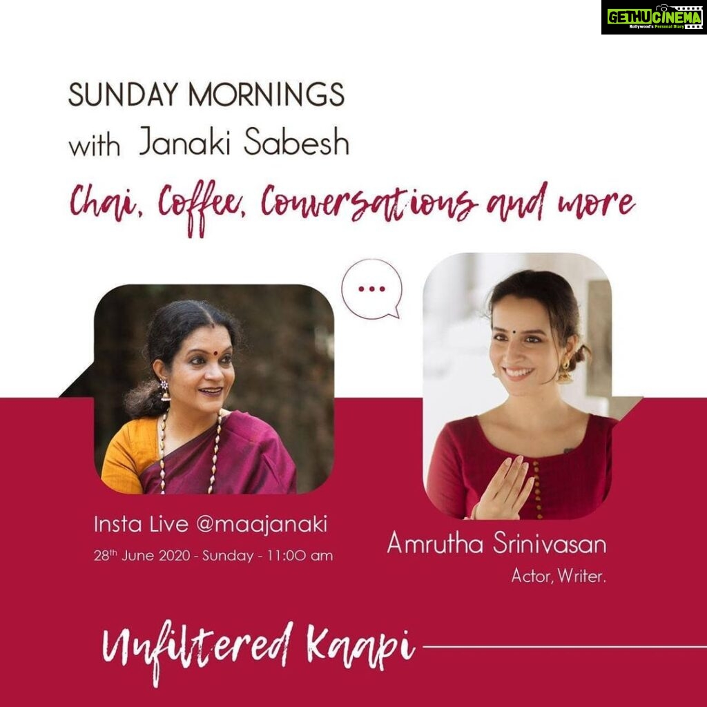 Amrutha Srinivasan Instagram - Tune in on Sunday, 28th June at 11am for some Unfiltered Kaapi and kadhaigal with us :) This is going to be a casual conversation. Breezy. Fun. And I'll be myself with the phenomenal @maajanaki ! Can't wait :)