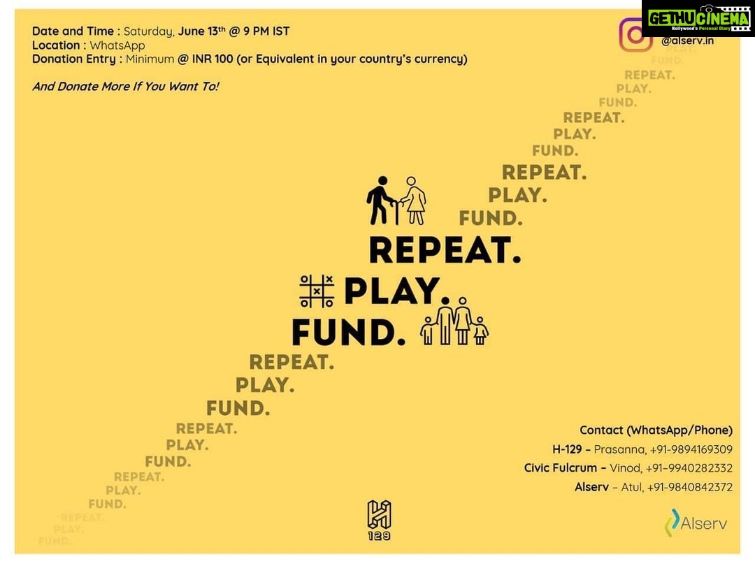 Amrutha Srinivasan Instagram - Play a game and have fun for a good cause 😬 :) @h129.official is hosting "Fund. Play. Repeat", a WhatsApp based Trivia Game, on Saturday, June 13th @ 9 PM IST, in a bid to raise funds (I will link the video in my stories and highlight it - watch it for more information) to help communities affected by the loss of daily income and business due to the COVID-19 pandemic. And here’s how you can help. *Fund and Play* (link in story again) - https://www.bhumi.ngo/fundplayrepeat/ Fund tickets for the event *@ 100 INR (or equivalent in your country’s currency) per Ticket* and come be part of an experience that puts the ‘Fun’ in Fund. You can register as an individual or as a team (please mention your team size) and you’ll receive an invite from us to play the game on Saturday. Don't forget to use the correct payment portal (India or International). You are also welcome to donate more at the donation link you will be re-directed to. *Just Fund* (link in story) - https://fundraisers.giveindia.org/campaigns/donations-through-fund-play-repeat If you are interested in just funding our initiative, please head on over to our "GiveIndia" campaign partnership with Bhumi to send in your donations. The ticket revenue and additional donations will entirely go towards creating food and sanitation kits that will be delivered to these communities to help them ride out these tough times. Thanks, and please reach out to @h129.official , @tammilionaire, @iamprasna @avocadopazham @atuljagadish or @aravindansudarsan if you have any questions :) And please help spread the word!