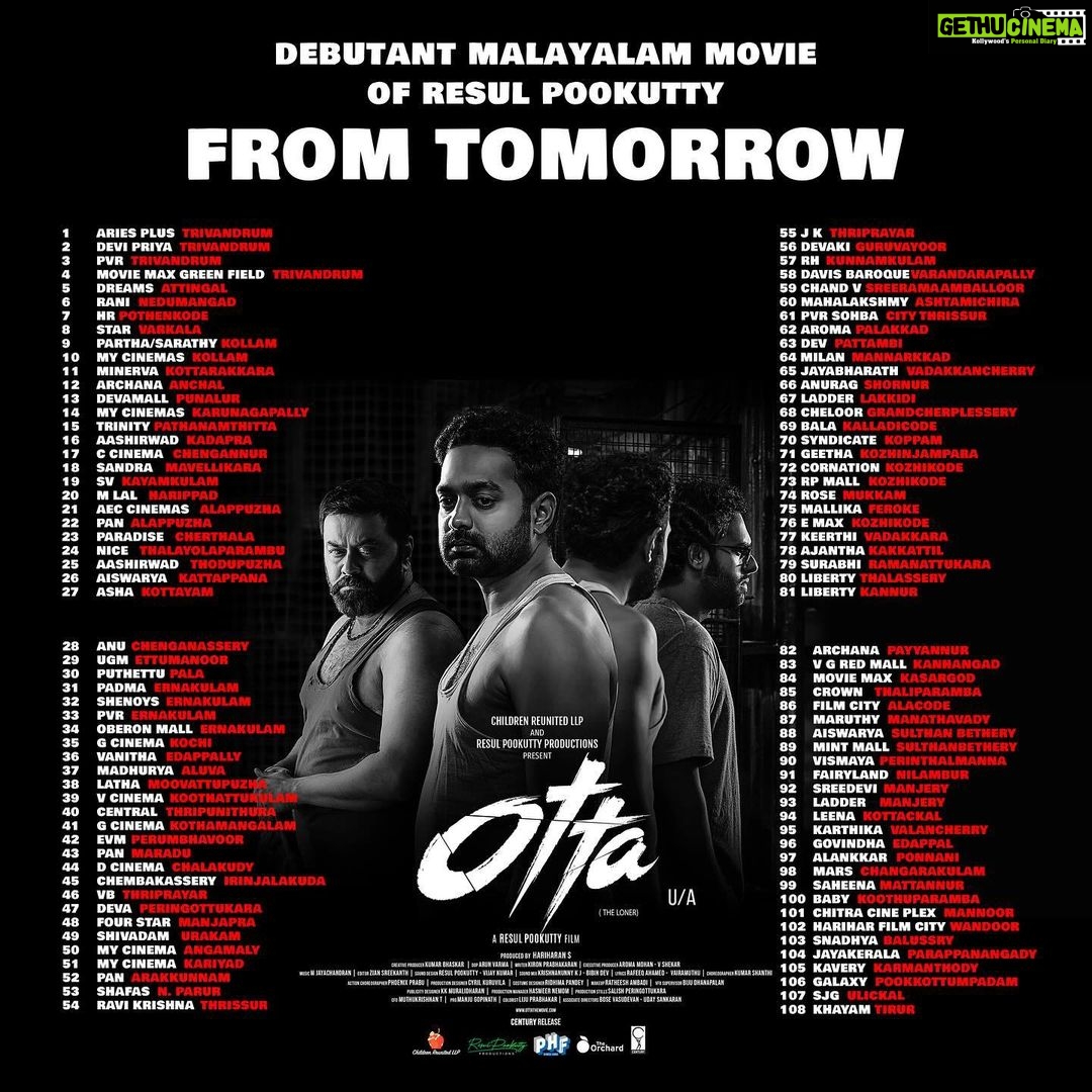 Arjun Ashokan Instagram - Theatre list for Otta🔥🔥🔥 @resulpookutty @asifali @indrajith_s @arjun_ashokan @lenaasmagazine @_adilhussain @rohinimolleti @divyadutta25 @devinair08 @mjayachandranmusiczone @vijaykumarsound @Im_ziansreekanth @manjugopinathmanju @childrenreunitedindia @harneetkalrahariharan @simplyaayushi @childrenrullp @mamtamohan @hupmuthukr37774285 @asanisimaasa @devinair08 bhavana_ramanna37_official @actorjayaprakash.official @sona_nair_official @iamviniishaa @jayanthii___ #OttaTheMovie #ResulPookutty #Sathyaraj #ResulPookuttyProductions #ChildrenReunitedLLP
