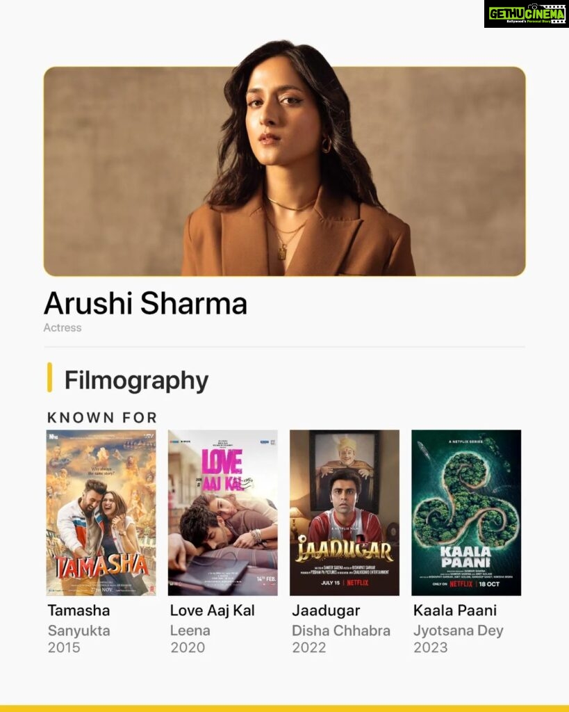 Arushi Sharma Instagram - If @_arushisharma's performance in Kaala Paani has piqued your interest, here's a list of titles that she is known for 💛 Which is your favourite character played by her? 🎬: Tamasha | Netflix Love Aaj Kal | Jio Cinema, Netflix Jaadugar | Netflix Kaala Paani | Netflix