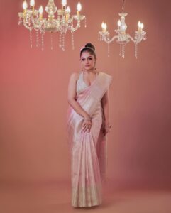 Arya Instagram - I love it … I draped it … Saree @kanchivaram.in MUA @shoshank_makeup Styling @sabarinathk_ Draping @draping_damini Jewelry @goodwillcollectionskerala Photography @plan.b.actions @jibinartist Asst @dayonphotos Art @silvester_attractte Studio @maxxocreative #trendingnow #saree #sareelovers #drape #silk #tissue #fashion #makeup #aryabadai #pastel #happiness #kanchivaram
