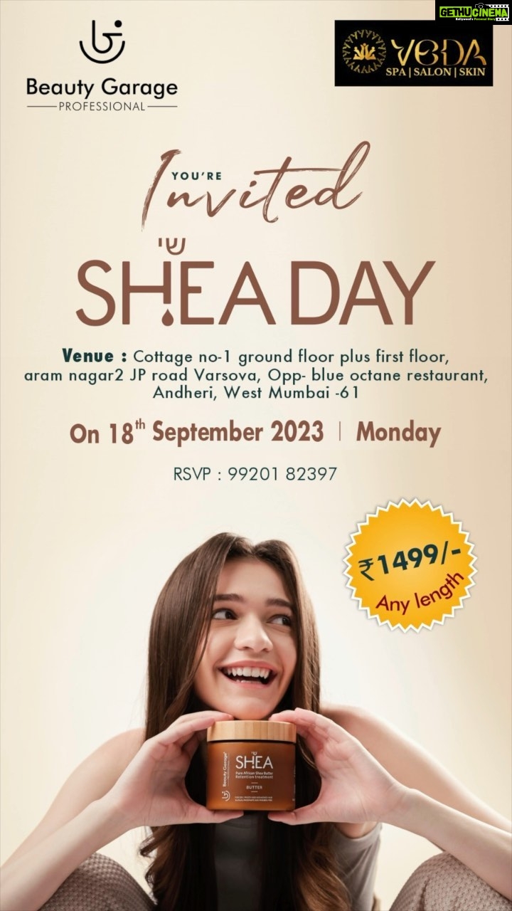 Avani Modi Instagram - Elevate your hair to its fullest potential with the Shea Retention Therapy! 🌿✨ Discover the secret to healthier, shinier, and more vibrant locks that radiate from the inside out. Say hello to the hair of your dreams! 💁♀️🌟 Ready to unlock your hair’s true potential? Give Shea Retention Therapy a try today! 🌿✨ Join us for SHEA DAY at Veda Salon & Spa on September 18th, 2023, located at Cottage no-1, ground floor plus first floor, Aram Nagar 2, JP Road, Varsova, Opp- Blue Octane Restaurant, Andheri West, Mumbai - 61. It’s an opportunity you won’t want to miss! Please RSVP at 99201 82397. Prices start at just 1499/- for any hair length. #SheaRetentionTherapy #HealthyHair #HairRevival #BeautyGarage #HairCare #GorgeousLocks #HairTransformation #NaturalHairCare #ShineFromWithin #HairLove #SelfCareSunday #BeautyTips #HealthyScalp #BeautyGarageIndia #HairExperts #GlamSquad #ProfessionalBeauty #GorgeousHair #StylistsChoice #UltimateBeauty #SheaTherapy #InsideOutBeauty #SHEADAY #VedaSalonAndSpa #MumbaiBeauty #HairCareExperts #RejuvenateYourHair Varsova, Andheri,Mumbai