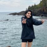 Ayli Ghiya Instagram - When you brother’s hoodie fits you like a dress😂😂😂 #cliffdiving #aftereffects Black Rocks of Lake Superior