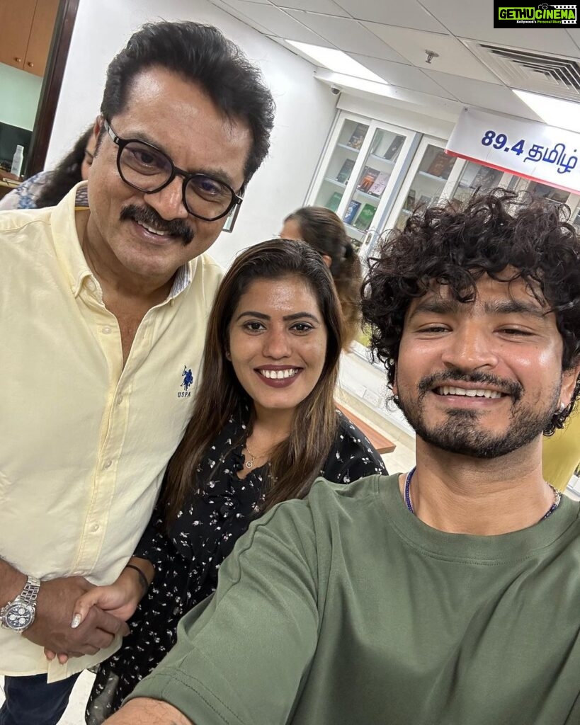 Bravo Instagram - —so a week ago ! I just had the ultimate celebrity encounter! I met not one, not two, but three of my absolute faves! 🤩 First off, I met my coolest Doppleganger @ashokselvan brother.! I mean, come on, who needs a secret identity when you've got a twin running around? 😎 Jk😂 And the legend @r_sarath_kumar sir & @nikhilavimalofficial ❤️ —— My team @894tamilfm for the win 🥇 Dubai, United Arab Emirates