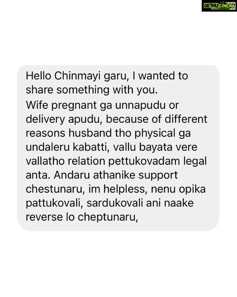 Chinmayi Instagram - Veelle ‘society lo naluguru’ Idhe veella culture. Ippudu ardham avthundha ee naluguru ki importance ivvakoodadhani? Translation: “When the wife is pregnant or around delivery, because she cannot have sexual intercourse with the husband, I am told it is legal for him to have an extra marital affair. Everyone is supporting him, I am helpless, everyone is telling me to be patient and to adjust.”