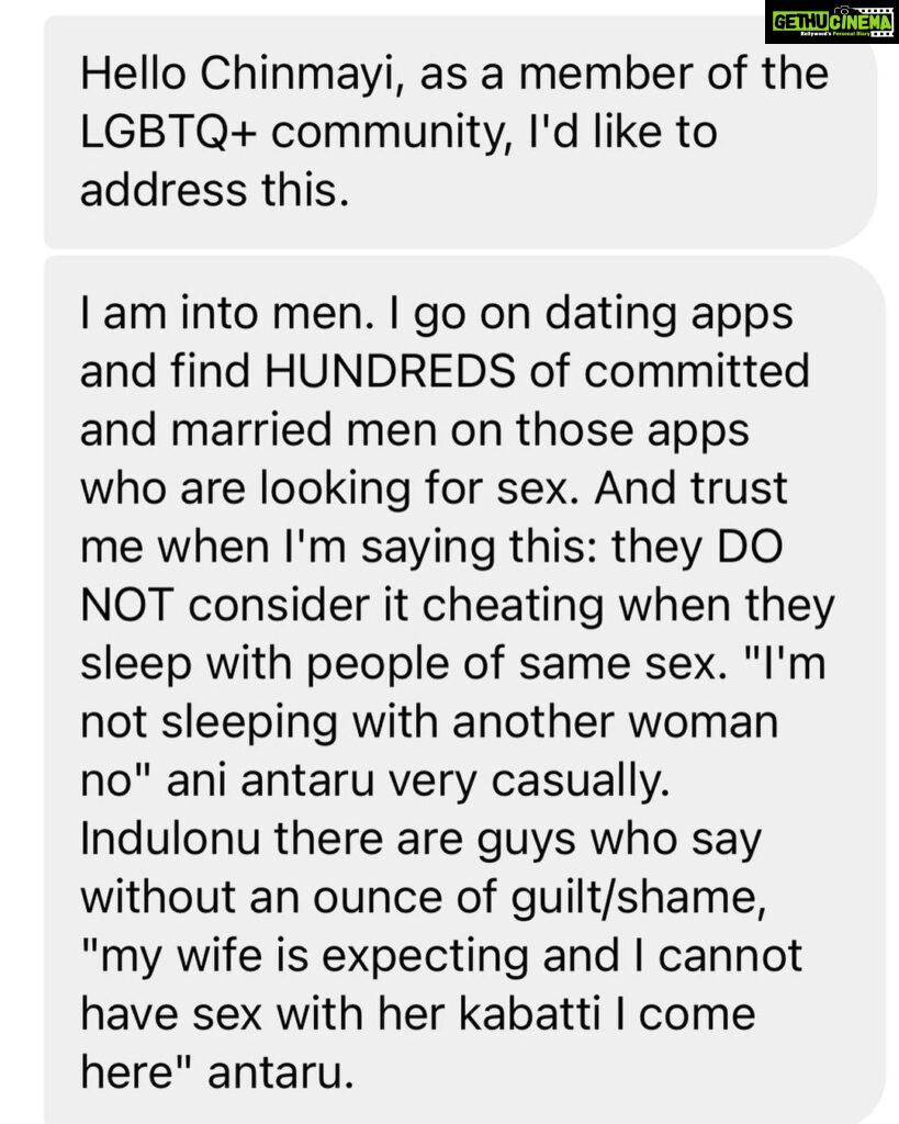 Chinmayi Instagram - TIL Hundreds of men married to women are on dating apps to have an affair with LGBTQ men. It is still cheating. It is amazing how so many men have such amazing different rules for themselves.