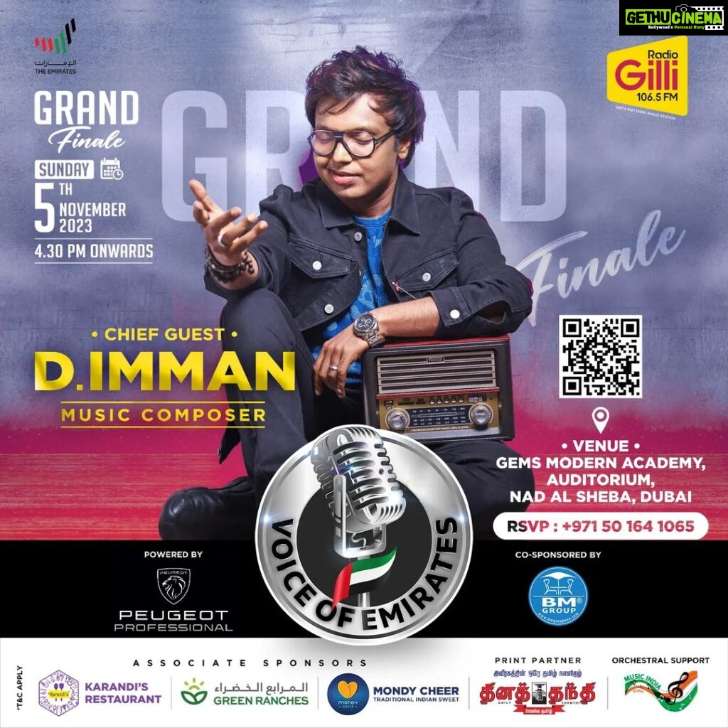 D. Imman Instagram - Get ready, guys! Our favorite music director, D.Imman Sir, is coming to Dubai to judge Radio Gilli's "Voice of Emirates". Powered By: @peugeot_dubai_and_n.e Co -Sponsored By: @bmgroup_of_companies_ Associate Sponsors: @karandiscafe @greenranchesae @mondychee Print Partner: @dailythanthinews #radiogilli #voiceofemirates #dimman #musicdirector #dubai #uae #emirates #singingtalent #gillifm #tamilradio #oppurtunity #bmgroup #peugeot #bmgroup #karandisresturant #greenranches #mondycheer