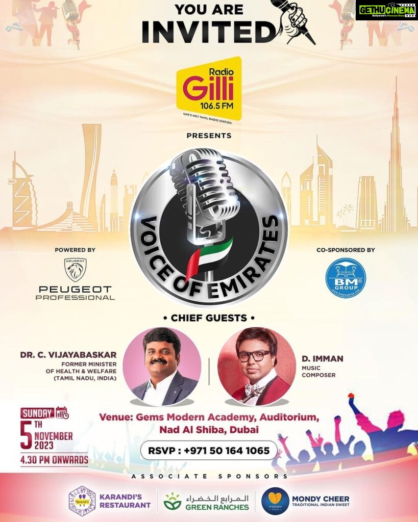 D. Imman Instagram - Hello Dubai! Glad to take part at the Radio Gilli 106.5Fm’s “Voice Of Emirates” Finale! On 5th November,2023 at Gems Modern Academy Auditorium,Nad Al Shiba,Dubai! See you all there! Praise God!