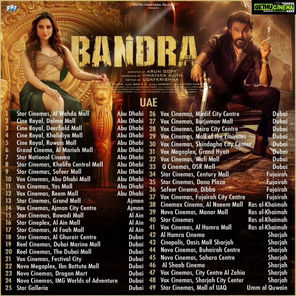 Dileep Instagram - Here is the #GCC theatre list of Bandra.Enjoy it on the big screen #Bandra In Cinemas Nov 10 @bandra_movie @dileepactor @tamannaahspeaks @imarungopy @ajithvinayakafilms udayakrishna_ @samcsm @vivek__harshan @shajikumarofficial @renganaath @thedinomorea @rajveerankursingh @darasingkhurana @lenaasmagazine @inst.prasanna @anbariv_action_director @ram_parthan @ranjithambady pravn_vrma @sarathkumar2222 @johnjeromepattroppy @prince0666_ @Itsmearomal #BinduSajeev @shankar.mahadevan @nakshathra.santosh @rodegautam @b.muralikrishna_ @ajeesh_dasan_ @yazin_nizar @pavithra.chari @sarthak.kalyani @santhosh.varma.5 @_shwetamohan_ @kapilkapilanmusic @vinayaksasikumar @_siddiquelal_ @i_am_ashik_347 @didwinbabu @prosabari_17 @vichu_369 @anand_rajendran_ar @anoop_sundaran @sujith_govind @saregamamalayalam #dileepactor #dileep #janapriyanayakan #actordileep #tamannaahspeaks #imarungopi #ajithvinayakafilmspvtltd #udayakrishna #shajikumarofficial #samcsmusic #vivekharshan #renganaath #ramparthan #ranjithambady #pravnvrma #avf #comingSoon