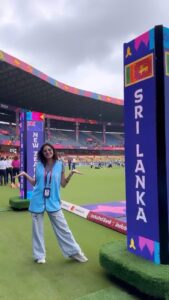 Disha Madan Instagram - I had the most incredible experience thanks to @icc & @metaindia ✨ To be walking around the Field Of Play, to sit in the media box and watch the match, to walk around the stadium & constantly hear the crowd cheer for their favourite has been the most magical experience for me! I got to witness ACTUAL BTS! So many people work around the clock to make sure you enjoy the match seamlessly at the comfort of your home & to see that passion bind everyone to the game is just out of this world ♥️ #CWC23 #MetaSuper50