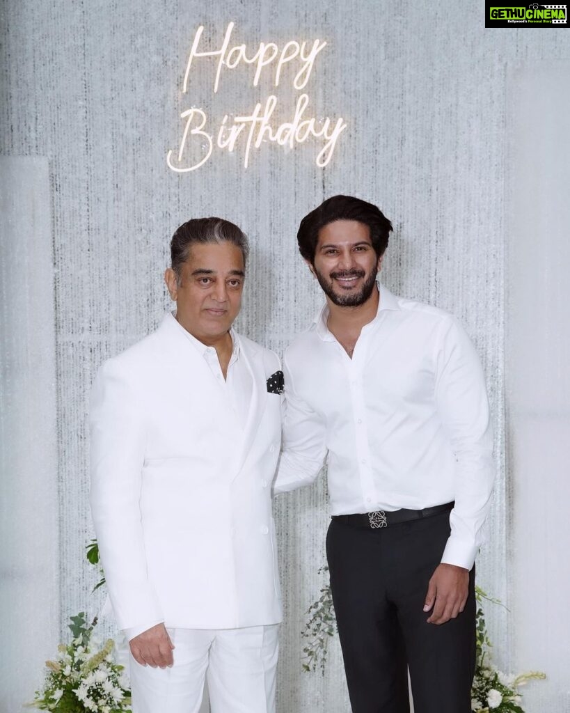 Dulquer Salmaan Instagram - Wishing @ikamalhaasan sir the happiest birthday ! Thank you for having me at your birthday celebrations and I cannot wait to begin our film ! #HBDKamalSir #ThugLifeTheFilm #Learningfromthemasters #Blessed