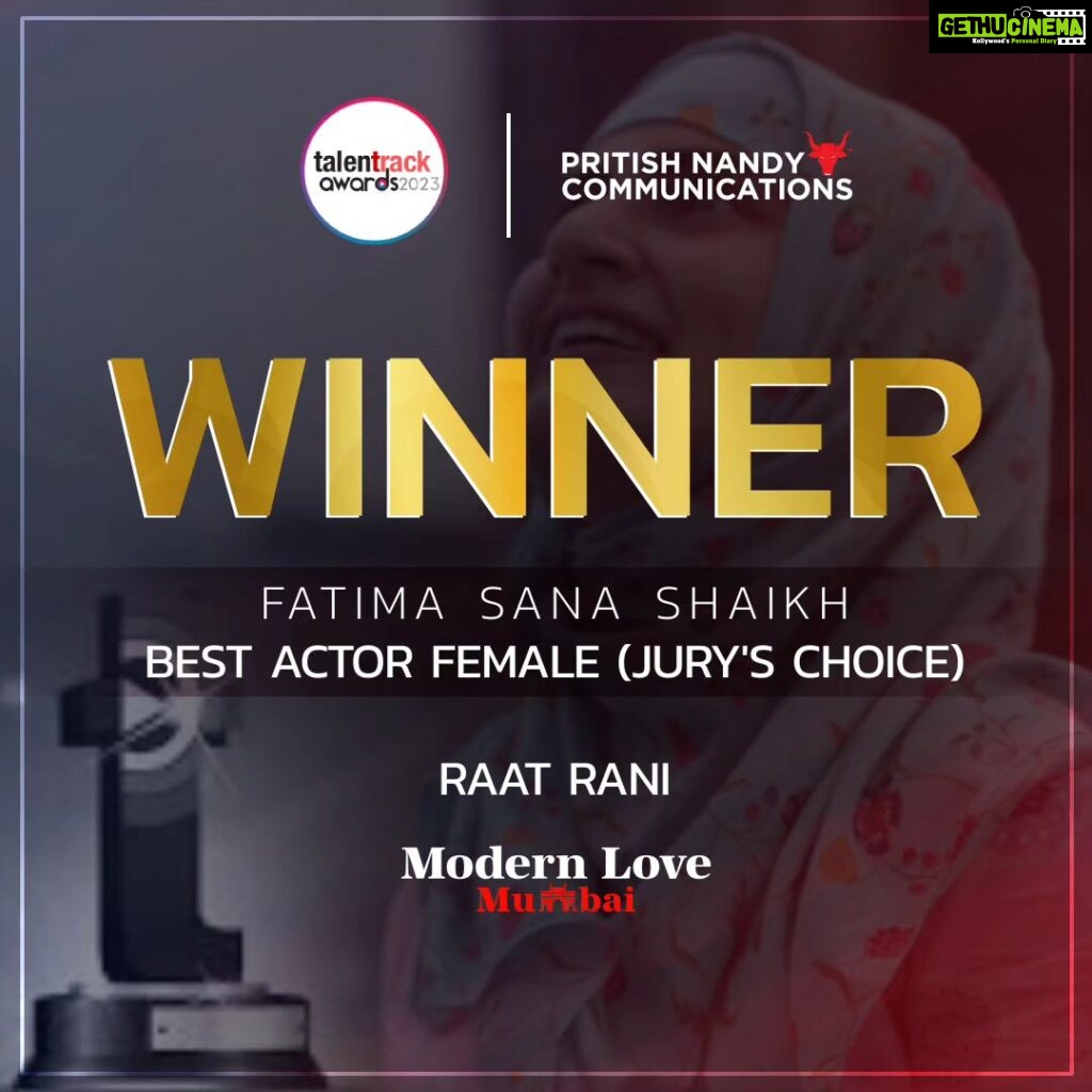 Fatima Sana Shaikh Instagram - @fatimasanashaikh wins the Best Actor Female (Jury's Choice) award at Talentrack Awards 2023 @talentrackofficial for Raat Rani - #ModernLoveMumbai ! Congratulations! #talentrack #StorytellersToTheWorld #30yearsofPNC @pritishnandy2018 @rangitapritishnandy @ishitapritishnandy @shonalibose_ @maniyar.nilesh @fatimasanashaikh @bhupendrasinghjadawat Mumbai, Maharashtra