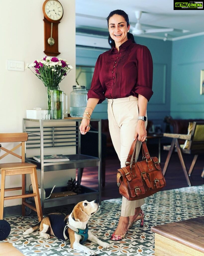 Gul Panag Instagram - You know when you walk in home and you’re greeted by the husband saying you look nice and you’re shocked and you look down at your dog ( Gina) smiling in disbelief, and HE takes a picture ? THAT! For those of you who follow our fitness camaraderie ( more like war) you know he’s my biggest critic.🙄 And to hear something nice from him- catches me off guard. Because it’s rarer than a blue moon. Also, a special shootout out to my friends @antaratma.in for making me these amazing shirts ( I have this in black, white, sage and maroon). Breathable in this humid weather and oh so Boss Lady. Big thanks to @keeratkular for getting the Roxanne back in the game . And last but not least - big thanks to me for being consistent. 😅