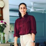 Gul Panag Instagram - You know when you walk in home and you’re greeted by the husband saying you look nice and you’re shocked and you look down at your dog ( Gina) smiling in disbelief, and HE takes a picture ? THAT! For those of you who follow our fitness camaraderie ( more like war) you know he’s my biggest critic.🙄 And to hear something nice from him- catches me off guard. Because it’s rarer than a blue moon. Also, a special shootout out to my friends @antaratma.in for making me these amazing shirts ( I have this in black, white, sage and maroon). Breathable in this humid weather and oh so Boss Lady. Big thanks to @keeratkular for getting the Roxanne back in the game . And last but not least - big thanks to me for being consistent. 😅