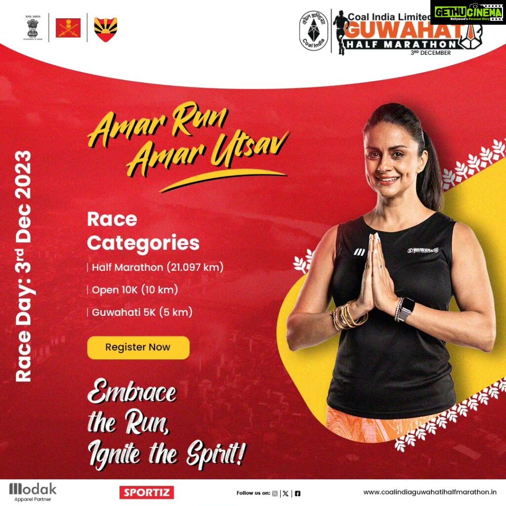 Gul Panag Instagram - 🏃‍♂️ Lace up those running shoes and get ready for the Coal India Guwahati Half Marathon! 📅 Mark your calendars for December 3rd, it's going to be an epic day of running and fun. 🙌 Registration is OPEN, so secure your spot today and let's make this run unforgettable! 💪🎽 #cighm #sportiz #procam Guwahati Assam India