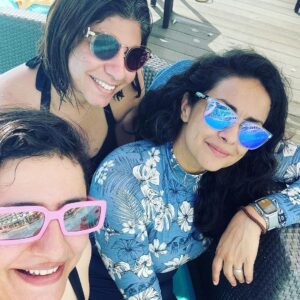 Gul Panag Instagram - Grabbing sane moments between watching over kids, getting them stitched up( after falls ), feeding them,  taking them out of the pool,  settling their spats, getting them ready and more.

Because - Girls  just wanna have fun!
Even when they are MOMs.
@chauhanrachna07 @uditaanand 

.
.
.
.
#momlife #travelwithkids #travelwithkidstips