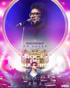 Haricharan Instagram - Welcome onboard  @haricharanmusic 🤩💫

“ROCK ON HARRIS - Live In Concert, Chennai” 🎸

27/10/2023 at YMCA Nandanam 

Book your Tickets NOW @insider.in (Link in bio) 🎫

@jharrisjayaraj
@noiseandgrains @therouteofficial @fortunee_studios @jagadish_palanisamy 
@karya2000 @itisveer @itssuryakumar_sk

#RockOn #HarrisJayaraj #NoiseandGrains #Chennai