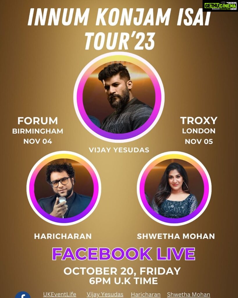 Haricharan Instagram - 16 Days To Go We Are Ready!! Are you? London & Birmingham!! GRAB YOUR TICKETS SOON !! Will catch you Alll Live on October 20th, Friday Along with Shweta Mohan Haricharan and Me To share with You all the fun we have planned for you. 🤗🤗 Join us Also On All These Pages UKEventLife https://www.facebook.com/UKEventLife/ TutorsvalleyMusic https://www.facebook.com/TutorsvalleyMusic/ lankasri.com Lankasri News https://www.facebook.com/lankasrinews/ IBC Tamil Radio IBCTamil.com IBC Tamil TV https://www.facebook.com/radioibctamil/ TICKET LINKS BELOW https://www.ukeventlife.co.uk/event-details/24/Tour_23 ——————— https://www.ticketmaster.co.uk/vijay-yesudas-shweta-mohan-haricharan-bennet-london-05-11-2023/event/36005F01D2FD264E ————————————————— https://troxy.co.uk/event/vijay-yesudas-shweta-mohan-haricharan-bennet-and-the-band/ —————————————— https://www.ticketmaster.co.uk/vijay-yesudas-shweta-mohan-harricharan-birmingham-04-11-2023/event/1F005F0E9B403C0D?brand=theatresonline&irgwc=1&awtrc=&camefrom=CFC_BUYAT_1299588&ircid=7559