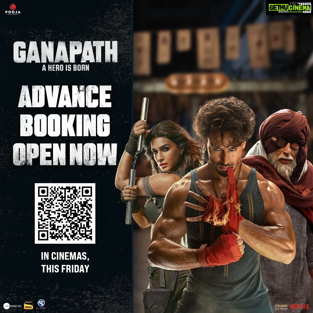 Jackky Bhagnani - 62.1K Likes - This is your sign to book your tickets for Ganapath NOW!
#Ganapath in cinemas this Friday. Book Now.
@amitabhbachchan @vashubhagnani @tigerjackieshroff @kritisanon #VikasBahl @deepshikhadeshmukh @pooja_ent @virajsawant #GoodCo @slglobal001 @zeemusiccompany @elliavrram @ziadmbakri @official.girishkulkarni @rahman_actor @shruthymenon @jameel.mumbai @pvrpictures