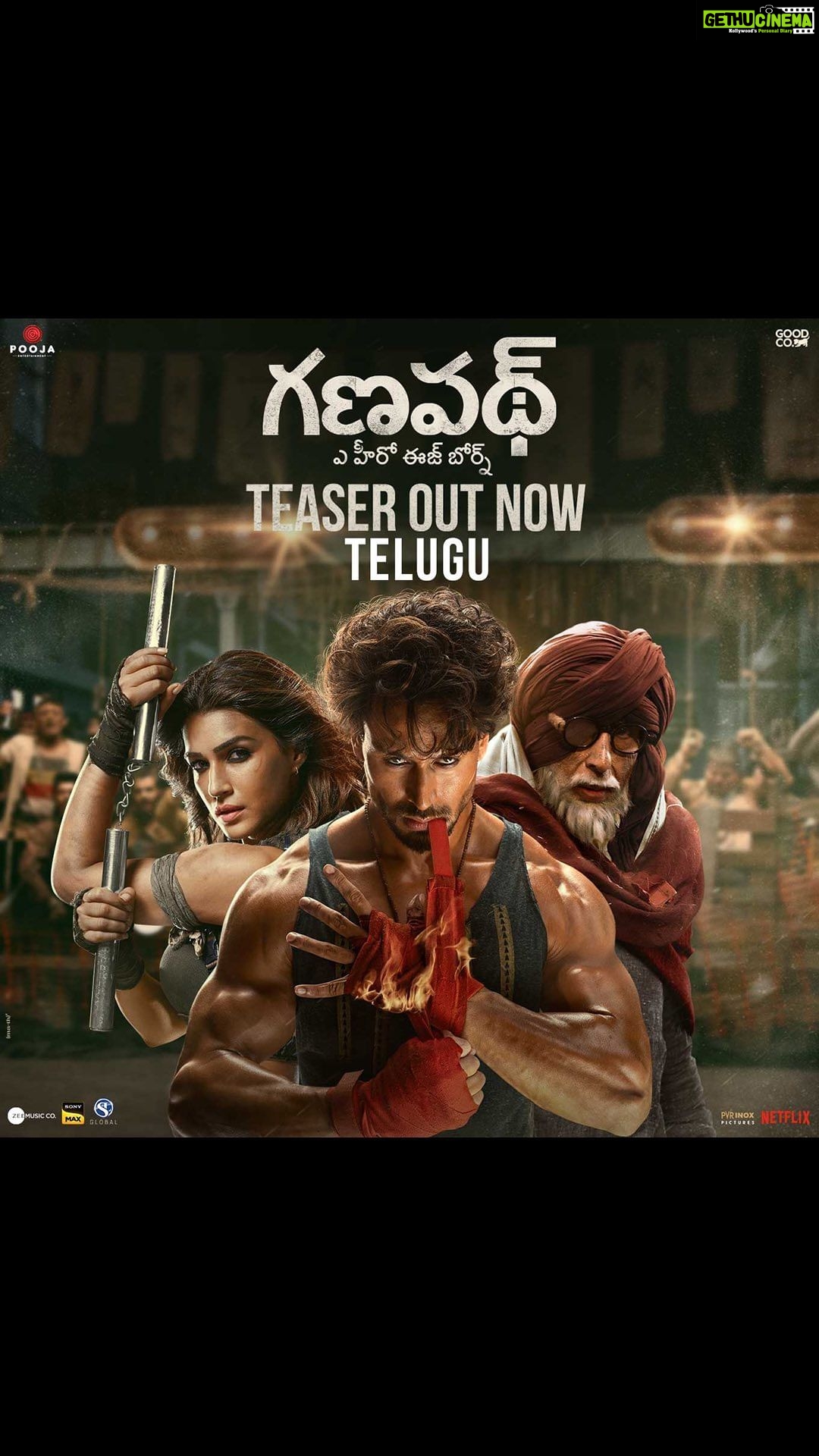 Jackky Bhagnani Instagram - నిరీక్షణా సమయం ముగిసింది… మిమ్మల్ని మా ప్రపంచంలోకి తీసుకెళ్లడానికి, మేము వచేస్తున్నాము. #Ganapath in cinemas this Dussehra, 20th Oct #GanapathTeaser @amitabhbachchan #VikasBahl @virajsawant #GoodCo @slglobal001 @zeemusiccompany @elliavrram @ziadmbakri @official.girishkulkarni @rahman_actor @shruthymenon @jameel.mumbai @pvrpictures