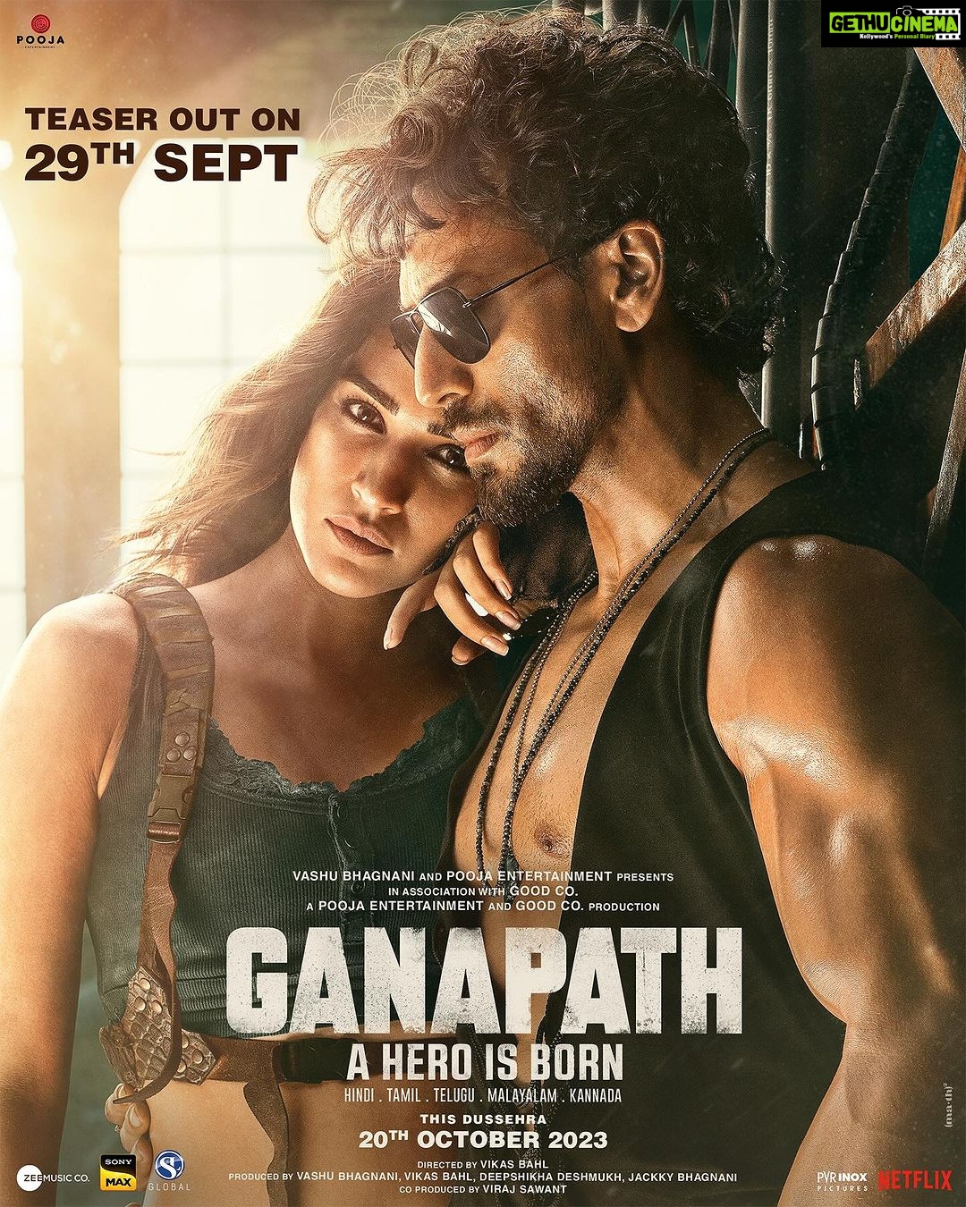 Jackky Bhagnani Instagram - Humse milne ke liye karna hoga thoda aur intezaar. Kyunki hum lekar aa rahein aapke liye kuch khaas. #Ganapath Teaser coming out on 29th September, 2023 In cinemas this Dussehra, 20th October @amitabhbachchan @vashubhagnani @tigerjackieshroff @kritisanon #VikasBahl @deepshikhadeshmukh @pooja_ent @virajsawant #GoodCo @slglobal001 @zeemusiccompany @elliavrram @ziadmbakri @official.girishkulkarni @rahman_actor @shruthymenon @jameel.mumbai @pvrpictures