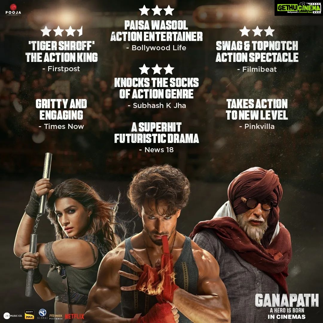 Jackky Bhagnani Instagram - Koi pooche toh batana #Ganapath is your perfect Masala Entertainer! Book your tickets now! @amitabhbachchan @vashubhagnani @tigerjackieshroff @kritisanon #VikasBahl @deepshikhadeshmukh @pooja_ent @virajsawant #GoodCo @slglobal001 @zeemusiccompany @elliavrram @ziadmbakri @official.girishkulkarni @rahman_actor @shruthymenon @jameel.mumbai @pvrpictures