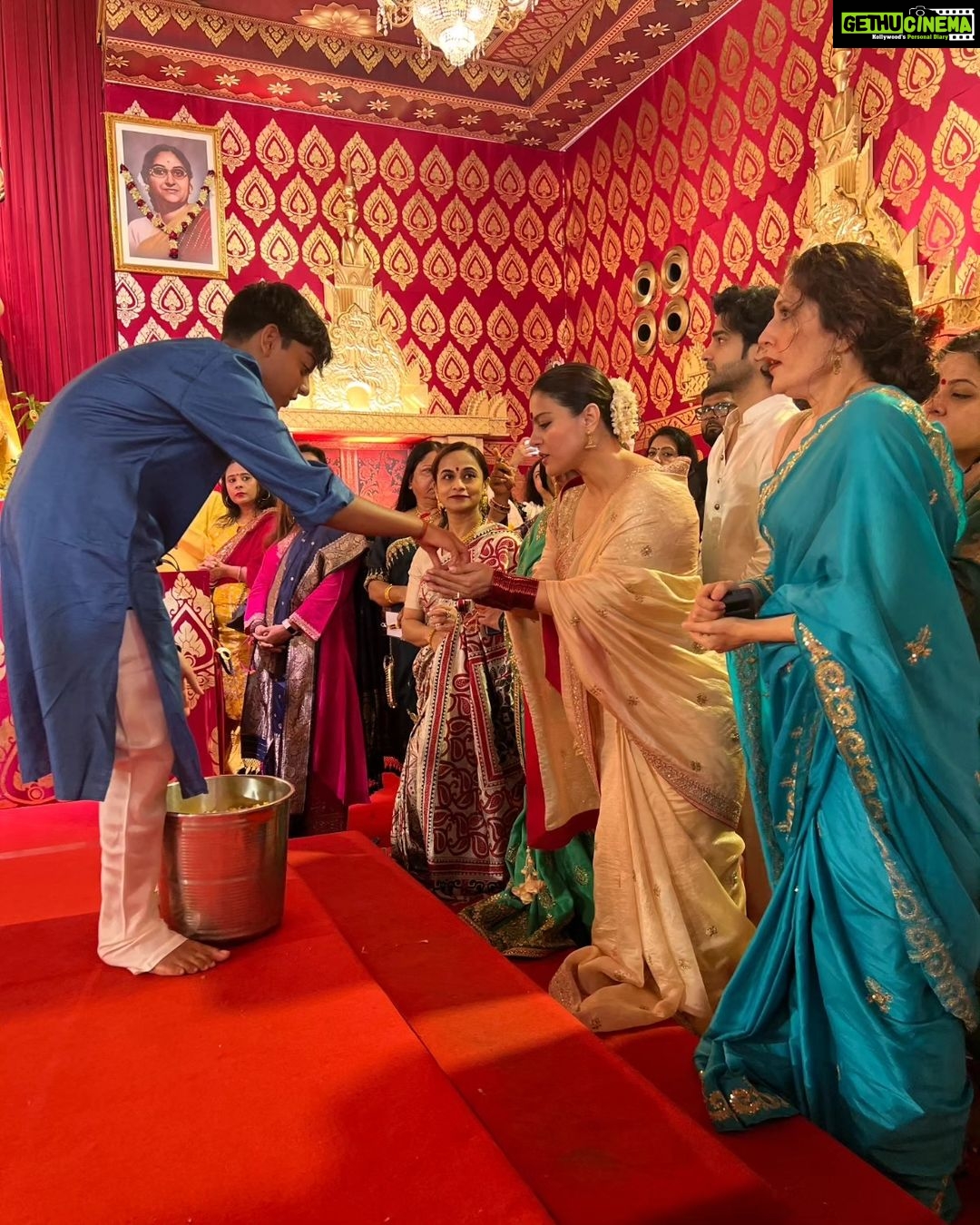Kajol Instagram - Third day . Shubho Navami. And it was an amazing day. My son served at the bhog and understood why I do it every year.. a newbie @aamandevgan served and felt the power of the puja. So many people that I love were there and so many happy feelings all over. The pujo has ended for everyone else but we still have a just our thing so that feels a little better .. there is a feeling of sadness mixed with elation that it was a successful year and now it’s at an end.. #ranimukherji #aamandevgan #yugdevgan #durgapuja #mahanavami