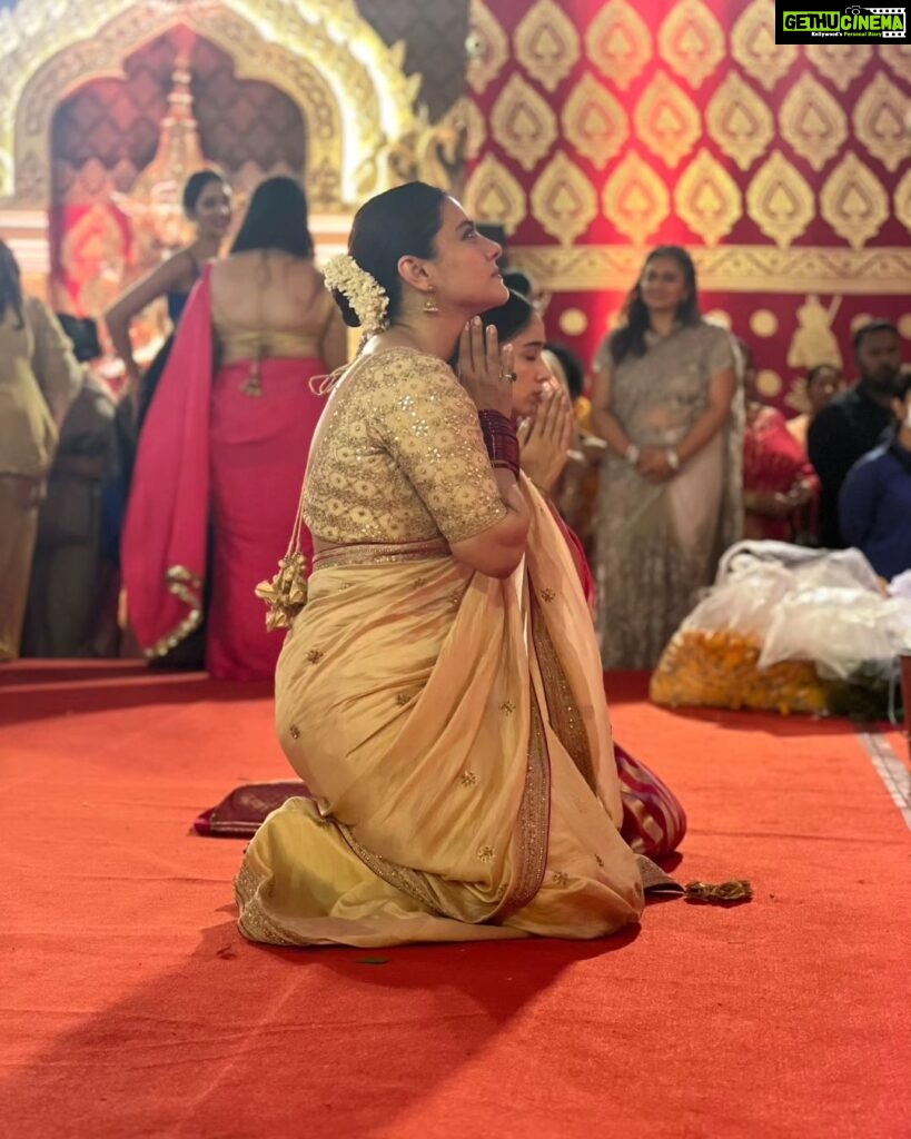Kajol Instagram - Third day . Shubho Navami. And it was an amazing day. My son served at the bhog and understood why I do it every year.. a newbie @aamandevgan served and felt the power of the puja. So many people that I love were there and so many happy feelings all over. The pujo has ended for everyone else but we still have a just our thing so that feels a little better .. there is a feeling of sadness mixed with elation that it was a successful year and now it’s at an end.. #ranimukherji #aamandevgan #yugdevgan #durgapuja #mahanavami