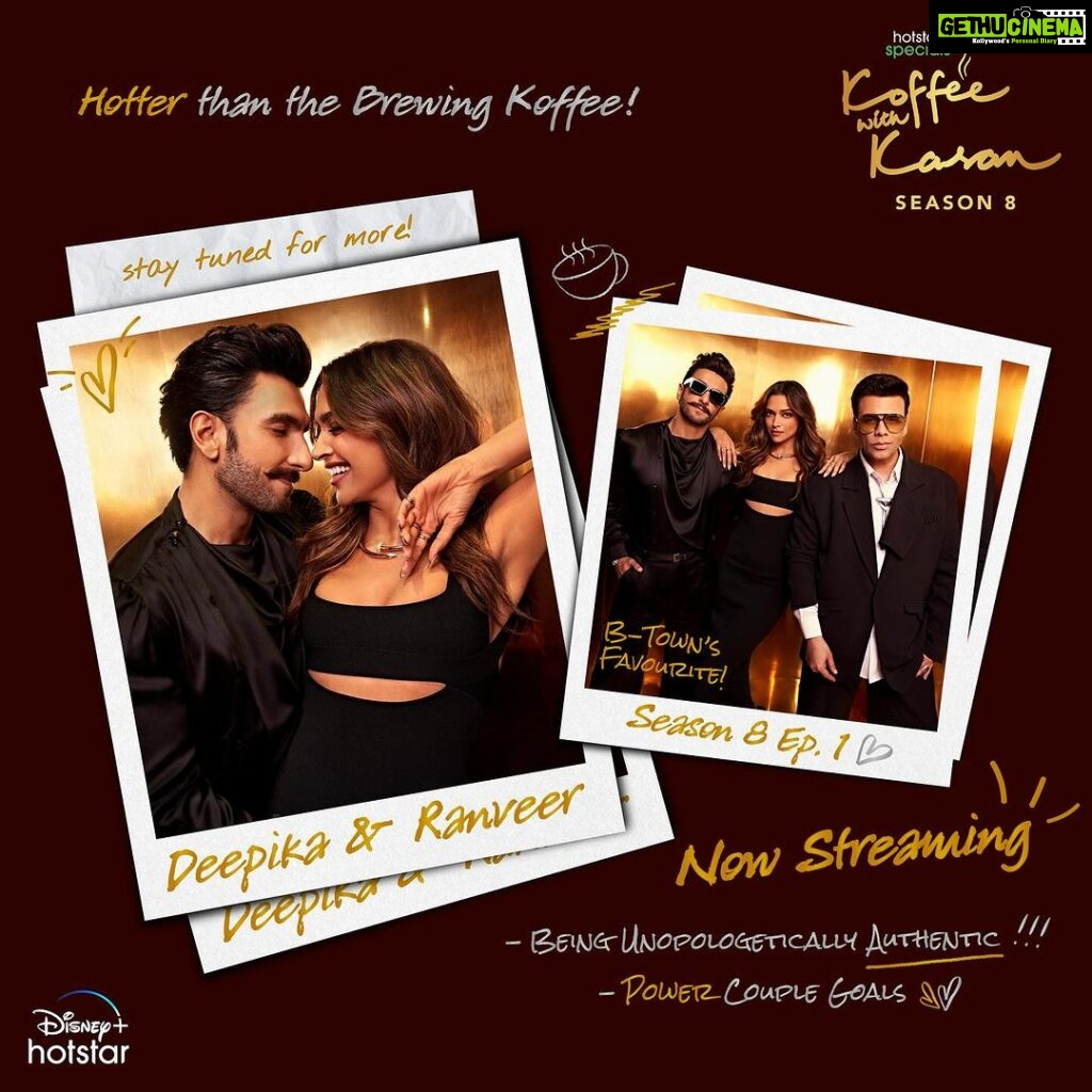 Karan Johar Instagram - The couple synonymous with Bollywood royalty - catch Ranveer Singh & Deepika Padukone on the first episode of #KoffeeWithKaranS8, streaming now!🧡🧡🧡 #HotstarSpecials #KoffeeWithKaran Season 8 - a new episode every Thursday only on Disney+ Hotstar! #KWKS8OnHotstar @disneyplushotstar @ranveersingh @deepikapadukone @apoorva1972 @jahnviobhan @dharmaticent