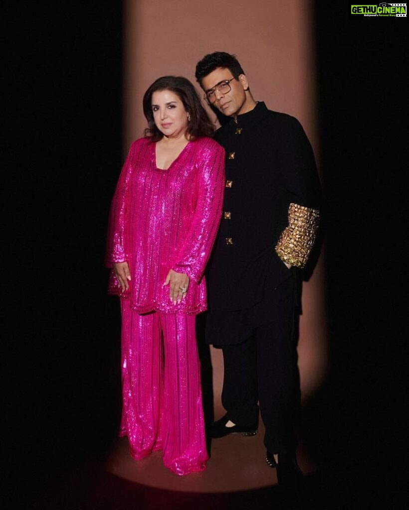 Karan Johar Instagram - The season kicks off with the party of the year hosted by the unstoppable @manishmalhotra05 … my posing partner in pretty pink @farahkhankunder … Styled by @ekalakhani in @manishmalhotraworld 📷 @thehouseofpixels