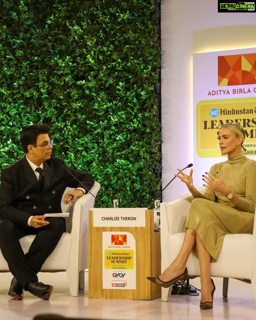 Karan Johar Instagram - Had the pleasure and privilege of being in conversation with the absolutely lovely and stunning @charlizeafrica …. At the #htleadershipsummit She was so eloquent, warm and so compassionate … styled by @ekalakhani 📷 @sheldon.santos