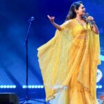 Keerthi shanthanu Instagram - On stage ✨🎤 #isaivellam2023 #canada Loved working & being there😇 Overwhelmed with all ur love 💛 After a long time with this fun loving guy @rjvijayofficial 💛 This golden outfit from @studio149 💛 Thanks to @latikaproductions @latikagoldhouse for havin us💛 Thanx for the pics ma @sobejan.photography ✨