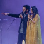 Keerthi shanthanu Instagram - On stage ✨🎤 #isaivellam2023 #canada Loved working & being there😇 Overwhelmed with all ur love 💛 After a long time with this fun loving guy @rjvijayofficial 💛 This golden outfit from @studio149 💛 Thanks to @latikaproductions @latikagoldhouse for havin us💛 Thanx for the pics ma @sobejan.photography ✨