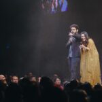 Keerthi shanthanu Instagram - On stage ✨🎤 #isaivellam2023 #canada Loved working & being there😇 Overwhelmed with all ur love 💛 After a long time with this fun loving guy @rjvijayofficial 💛 This golden outfit from @studio149 💛 Thanks to @latikaproductions @latikagoldhouse for havin us💛 Thanx for the pics ma @sobejan.photography ✨