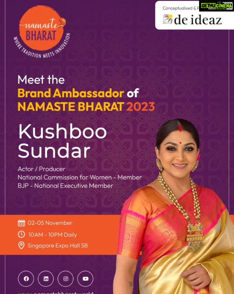 Kushboo Instagram - Hi my friends and loved ones in Singapore, I am proud to be associated with @de.ideaz and @purnimadeideaz in Singapore and be the Brand Ambassador of #NamasteBharat , to promote our culture & heritage. India has the richest culture in the world. And I as a proud Indian, have the honor in taking it forward. An initiative to take India globally, a dream of every Indian. Will be in Singapore on the 2nd and 3rd of Nov to inaugurate #NamasteBharat Look forward to seeing you in huge numbers. Let the festivities begin. Let's us celebrate #NamasteBharat 🙏🙏🙏🌟🌟🌟♥️♥️♥️❤️❤️❤️