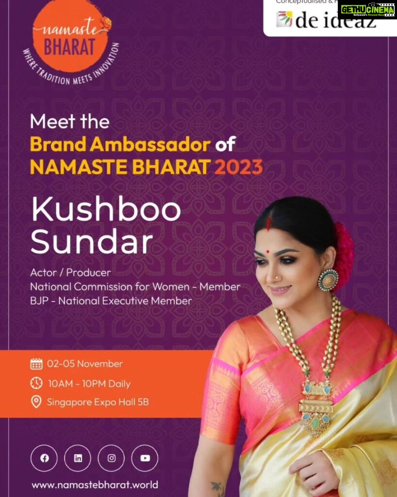 Kushboo Instagram - Hi my friends and loved ones in Singapore, I am proud to be associated with @de.ideaz and @purnimadeideaz in Singapore and be the Brand Ambassador of #NamasteBharat , to promote our culture & heritage. India has the richest culture in the world. And I as a proud Indian, have the honor in taking it forward. An initiative to take India globally, a dream of every Indian. Will be in Singapore on the 2nd and 3rd of Nov to inaugurate #NamasteBharat Look forward to seeing you in huge numbers. Let the festivities begin. Let's us celebrate #NamasteBharat 🙏🙏🙏🌟🌟🌟♥️♥️♥️❤️❤️❤️