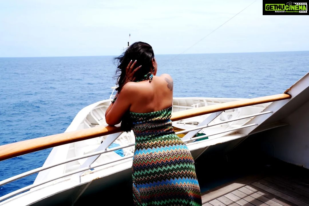 Lahari Shari Instagram - Setting sail on this grand adventure, feeling truly awesome as I stand before the endless sea. 🚢⚓️💫 Photographer : @troyphotographyofficial Designer and Stylist : @adamohyd #CruiseLife #SeaBound #AdventureAwaits #OceanOdyssey #SailAway #FeelingAwesome"