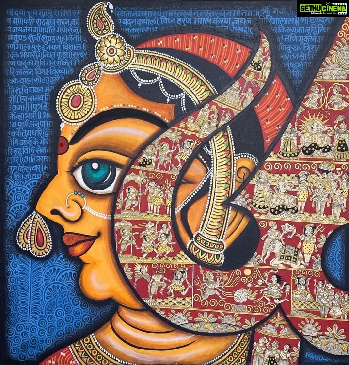 Lisa Ray Instagram - Subho Ashtami! This is Durga, the Divine Mother who epitomises Shakti or energy and wards off all evil. She is painted in a very traditional phad style in profile, and the Trishul or Trident that is in the foreground for protection is typical phad art with narrative style art telling the story of he deities. The colors in the work are what any Phad would have, all natural pigments. For 700 years, this one family from Bhilwara in Rajasthan, were the makers of “Phad” art. A Phad (literally, fold) was a mobile temple, between 15 and 30 ft long, a hand woven coarse cotton cloth that was starched and shone with moonstone, commissioned by a Bhopa, or priest. The story was always of Devnarayan or Pabuji, both folk deities. As the Bhopa narrated the story, singing it to a rapt audience who watched the cloth unfold, his wife the Bhopi, danced the tale. Master Artist Kalyan took over the mantle of his father who started a school to expose their art to a wider world. He uses his art as a tool to narrate anything of social significance and to adapt it to other iconic Indian styles, creating his own interpretation. From #InSearchoftheDevi curated by @sripeepul available on @theupsidespace @joshi.kalyan