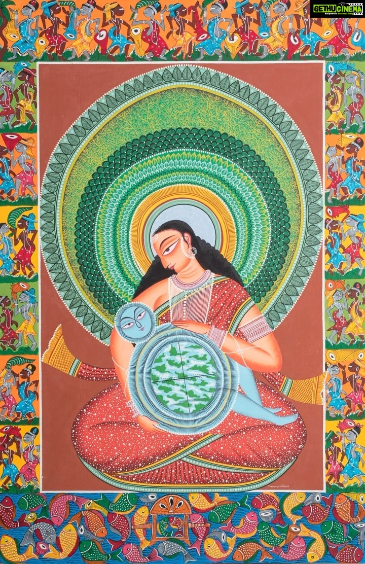 Lisa Ray Instagram - The Nurturer From #InSearchoftheDevi curated by @sripeepul for @theupsidespace Purna Janam by Anwar Chitrakar In Purna Janam, Anwar Chitrakkar uses the metaphor of a new mother with her baby to evoke the goddess to use her nurturing strength to heal the environmental devastation in the world. The newborn baby is a new planet, and the auras around the mother Goddess are full of forests and trees to renew and revitalize the ravaged earth. The painting has a vivid border that draws from the most traditional elements of Patachitra folk art, the indigenous folk playing their musical instruments, dancing and at one with nature and at the bottom, the wonderful fish wedding, with the bride andgroom fish being carried on a palkhi. Master Artist Anwar Chitrakar grew up in Bengal, learning to paint the long scrolls that tell stories of legends, news and mythology, always accompanied by song. These are Pattachitras (pictures painted on cloth). His elders were almost wandering minstrels as they went from village to village singing their tales as they rolled out scrolls that were over 15ft long, painted on home made canvas and backed with old saris to keep them strong. Also very popular was the Kalighat style of caricature portraits, once a rage in 19th century British India. Anwar has very quickly added his own lens to the traditional artform, and his work has a sophistication and a contemporary take has been his hallmark. Note: Please turn sound on to view this work.