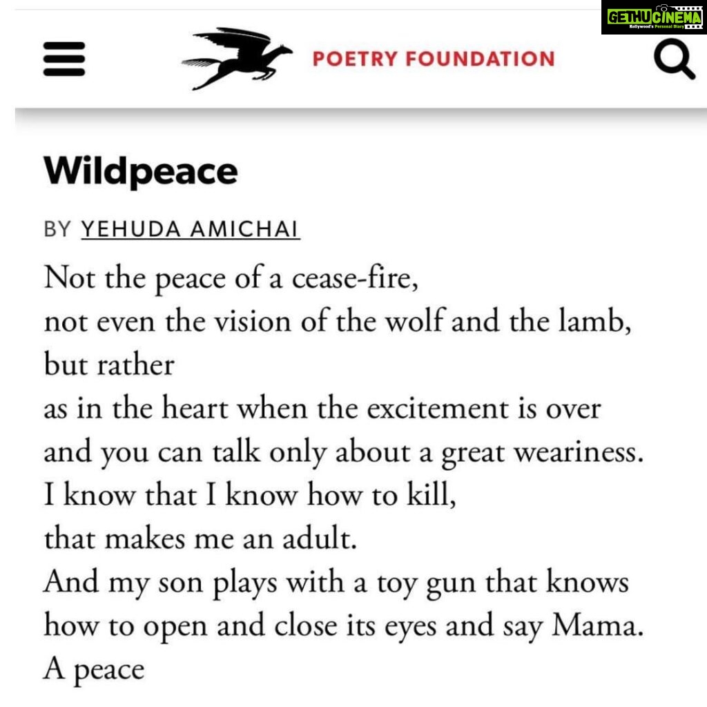 Lisa Ray Instagram - W I L D P E A C E By Yehuda Amichai, eminent Israeli poet and author #yehudaamichai #Israelipoet #peace