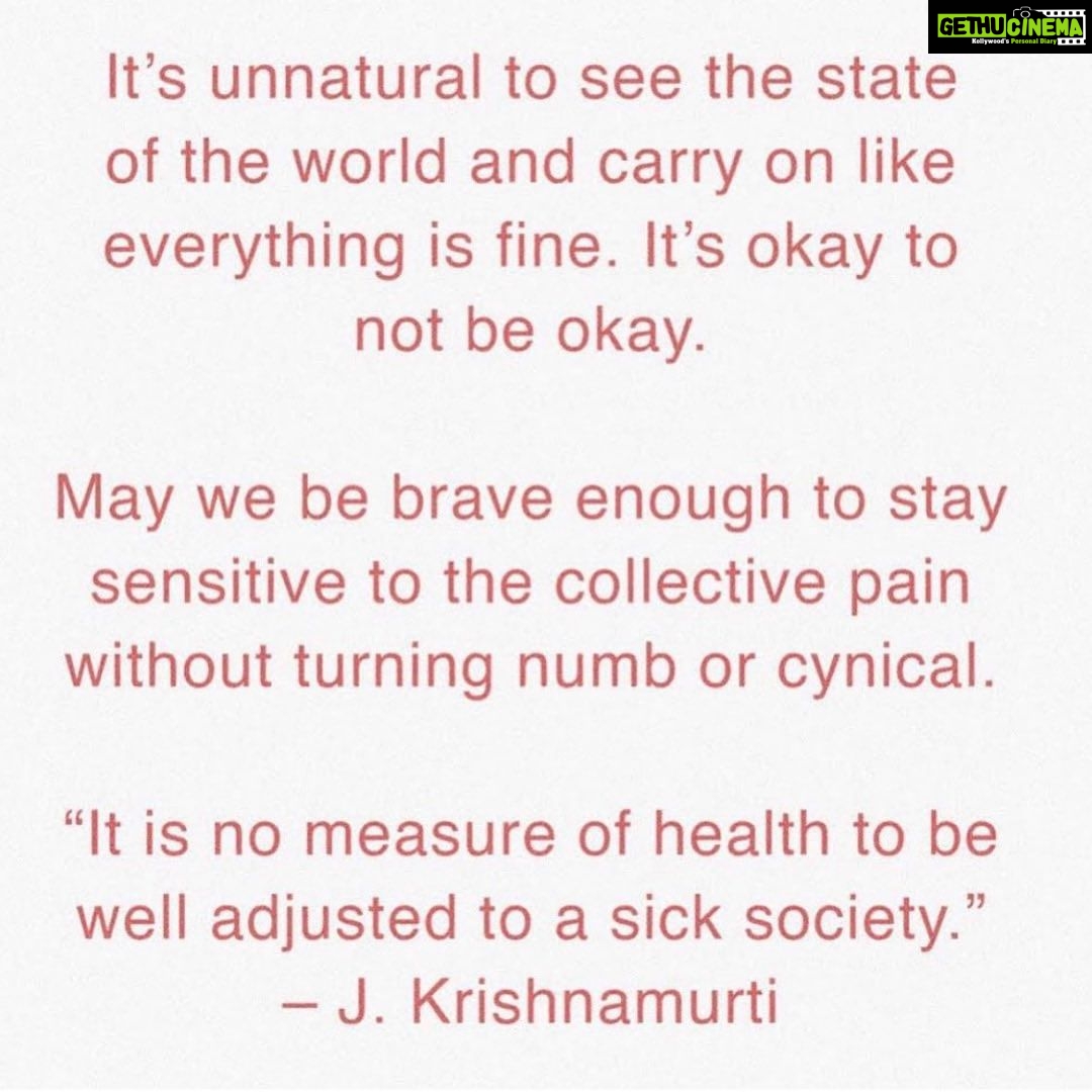 Lisa Ray Instagram - Reposting this from @anastacia_wellbeing Brothers and Sisters; I used to be a very reactive person. I was self-righteous and quick to judge. I was fiery and political. The years have tempered my responses and understanding of the power dynamics that control the world. But one thing has not changed : I don’t believe in institutions and organised political bodies. I believe in humanity. In universal human values of compassion, empathy and connection. Individuals are so much better than the forces that impose their will over us. Collectively, we can envision the world we want for our children. Collectively we can work for peace and pray for healing. I think grassroots movements are the only democratic path to change. That and recognising that war is very profitable, and that’s why many nations and big business will not be on the side of peaceful reconciliation. I am shaken. I am sad. May a day come when humanity prevails. When we live as one family and ignore our differences of faith and skin colour. When we see ourselves in the other. It is- to me - a worthwhile goal to strive for. The Krishnamurti quote is one I live by. I love it so much, I used it as the epigraph to my book. The World