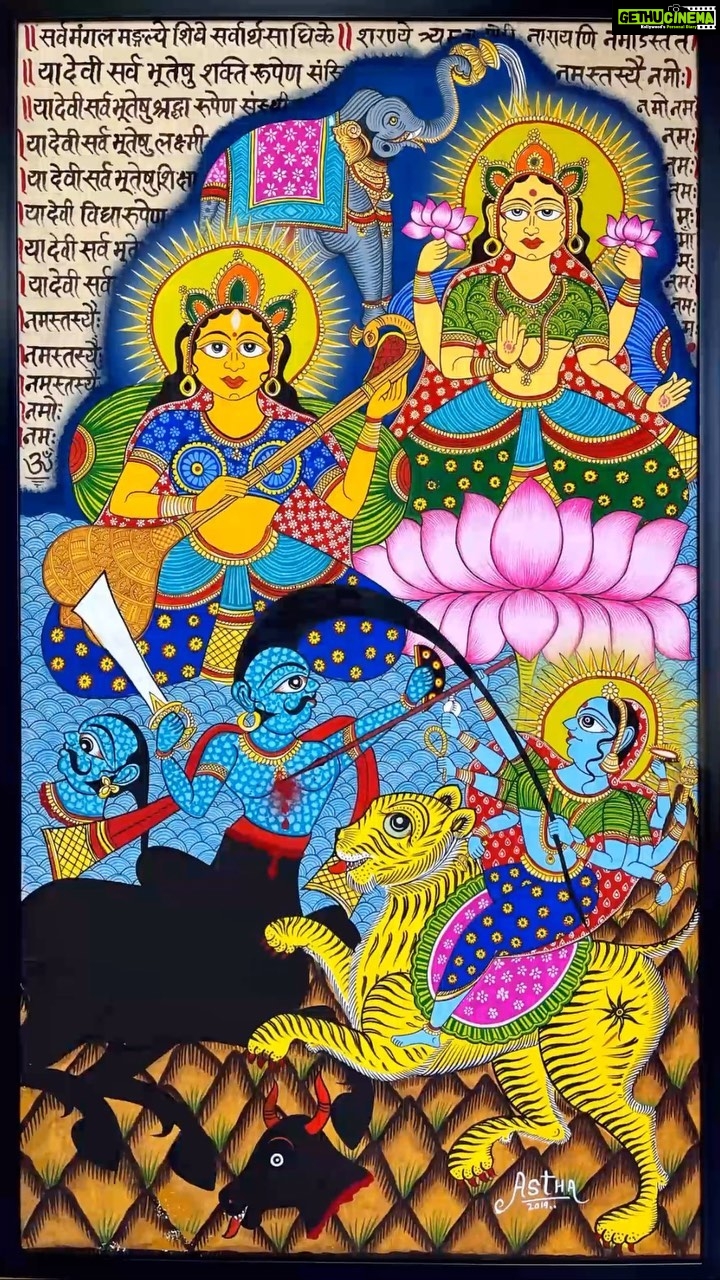 Lisa Ray Instagram - Navratri begins today, with honouring Shaila Putri, one of the manifestations of Ma Durga. For a Bengali like me, the relationship with Durga is heightened during this auspicious time, culminating with Pujo. I am so proud and delighted with our current exhibition @theupsidespace #InSearchoftheDevi curated by a Bengali sister @sripeepul with well appreciated collaborative inputs by @bhavz15 @srilachatterjee @baromarket @latitude_28 The artworks are exquisite representations by master artists of the Devi and Shakti- the immutable feminine energy of the universe. These digital pieces are available to own, to bless your home and art collection or simply to enjoy the Devi in a brand new avatar for the digital age. Blessings to one and all. ……. Artwork: Saraswati, Lakshmi, Durga by Phad Artist Kalyan Joshi and his student Astha The trio of Durga, Saraswati and Lakshmi. The Goddess of courage and strength - Durga, Goddess of knowledge - Saraswati and Goddess of wealth - Lakshmi. The symbols of each one are clearly depicted, the lion and the 10 hands of Durga, the Lotus of Lakshmi and the Veena of Saraswati. For 700 years, this one family from Bhilwara in Rajasthan, were the makers of “Phad” art. A Phad (literally, fold) was a mobile temple, between 15 and 30 ft long, a hand woven coarse cotton cloth that was starched and shone with moonstone, commissioned by a Bhopa, or priest. The story was always of Devnarayan or Pabuji, both folk deities. As the Bhopa narrated the story, singing it to a rapt audience who watched the cloth unfold, his wife the Bhopi, danced the tale. Master Artist Kalyan took over the mantle of his father who started a school to expose their art to a wider world. He uses his art as a tool to narrate anything of social significance and to adapt it to other iconic Indian styles, creating his own interpretation. #digitaldevi #digitaldurga #duggadugga