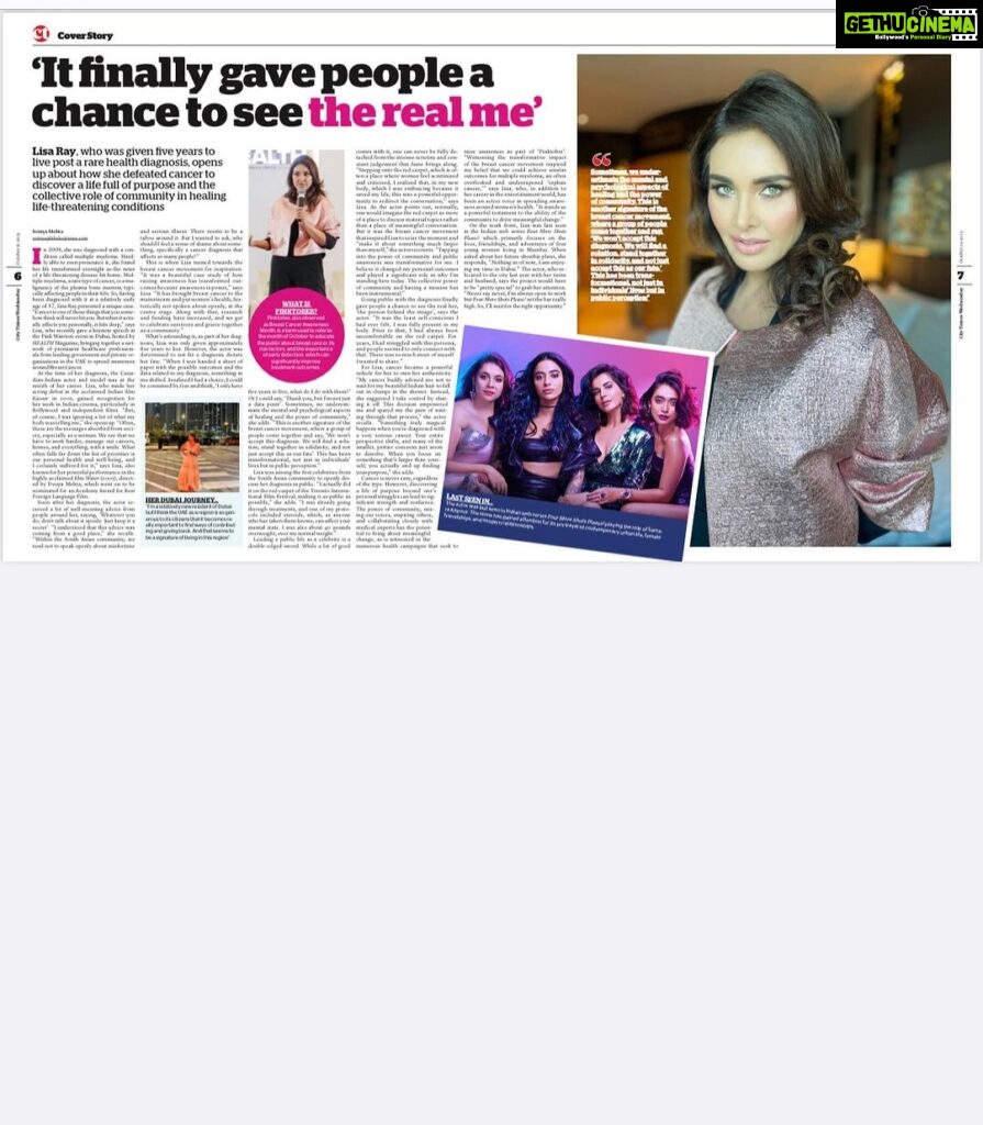 Lisa Ray Instagram - Thank you @khaleejtimes @ktcitytimes @healthmagae @thumbaymedia and @somya5 for this piece highlighting the Cancer Journey as well as the importance of awareness, sharing stories of survivorship, how a terrible diagnosis can be transformed into an opportunity to redefine life and how prevention and screening should be top of everyone’s list. It gave me a great sense of satisfaction to be able to contribute to the cancer conversation in the UAE. See the link in bio for the full story. #cancerawarenessuae #cancergraduate #cancerpreventiondubai
