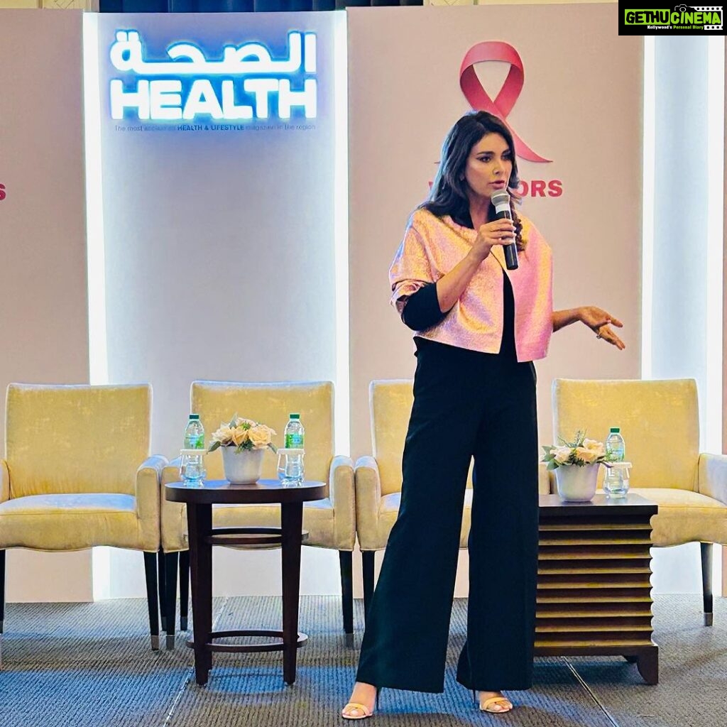Lisa Ray Instagram - Thank you for having me @healthmagae @thumbaymedia @thumbayhospitaluae It was an honour to speak to a room full of eminent healthcare workers, surgeons, oncologists, nutritionists and Pink Warriors. Awareness is Power and the ability to unite over sharing our cancer stories is a great privilege that has the potential to change outcomes for patients. Never stop sharing. Never stop pushing for a cancer free future. Big take-away: self care is how you take your power back. Get screened. Acknowledge your fear and do it anyhow. Imagine me - or someone equally annoying- nagging you until you go, if it helps. Wonderful to see you my @mitunds ♥️ ….. Thank you @theartistreshumalhotra for your beautiful MUH @theartistbeautylounge Thank you @sujstyle for lending me your fabulous pink faux boucle @reemaameer cropped jacket #PinkWarriors #PinkWarriorsDubai #BreastCancer #pinktober Shangri-La Dubai